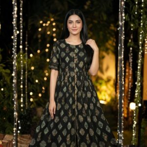 2 Piece Printed Frock Style Dress with Plain Trouser